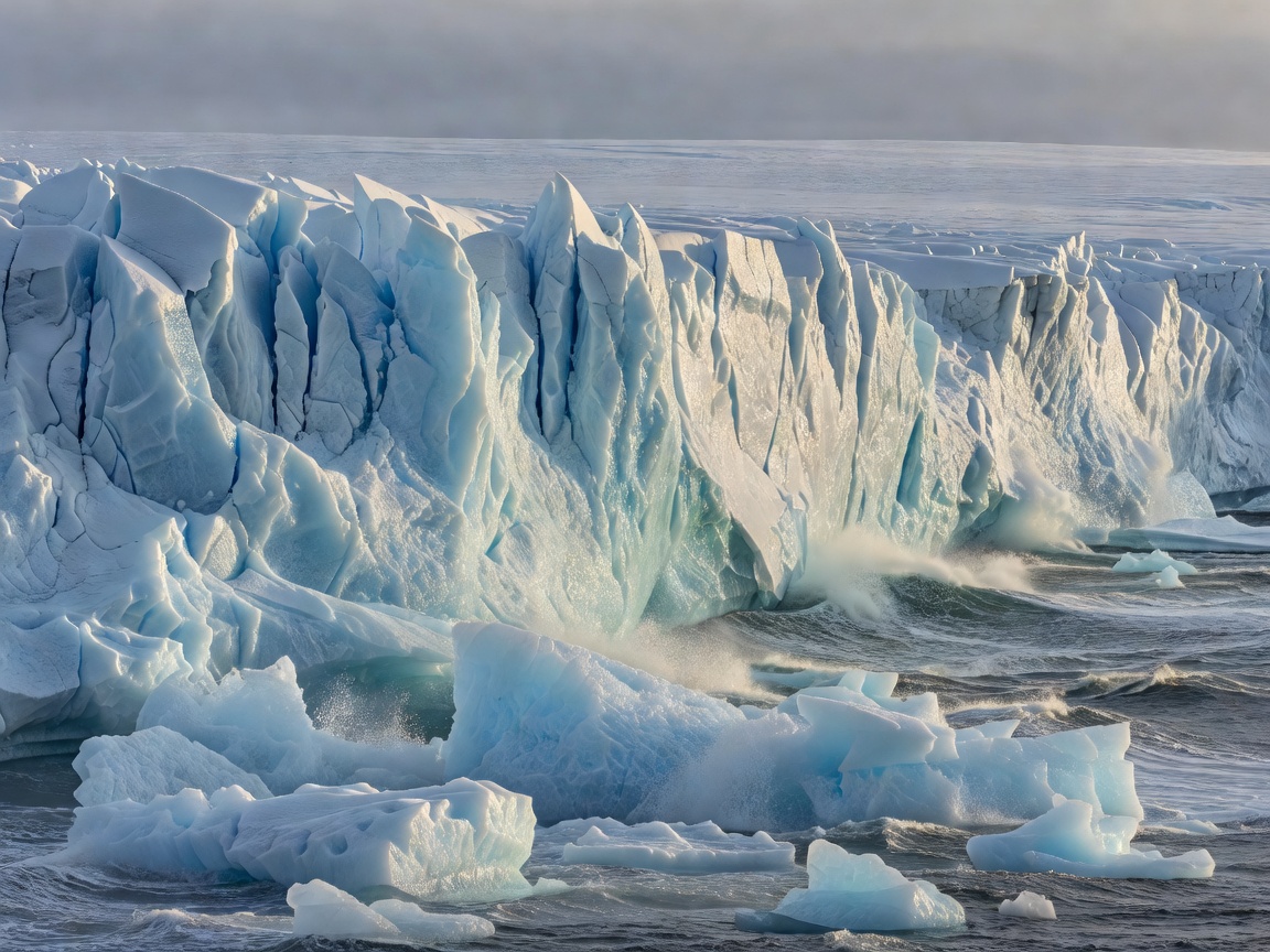Massive glacial ice wall terminating into Arctic ocean waters