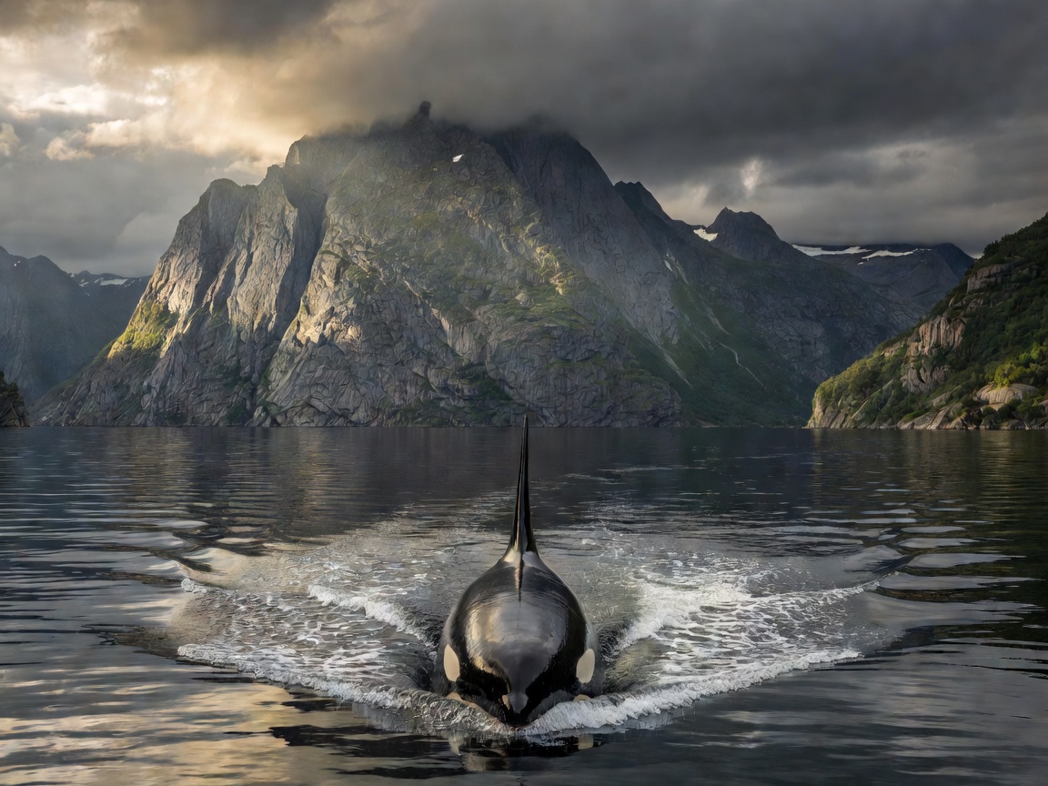 Orca dorsal fin surfacing against dramatic Norwegian fjord mountains
