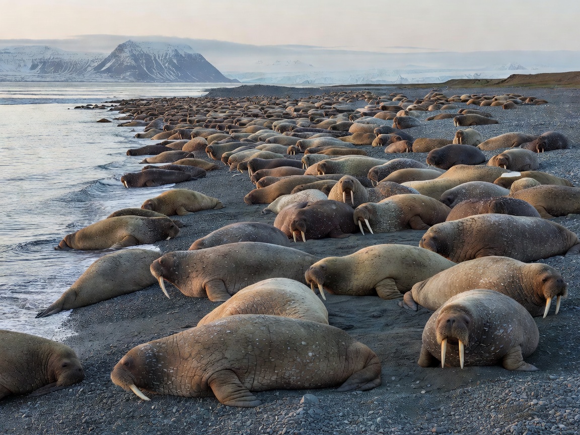 Walrus colony resting along an Arctic gravel shore
